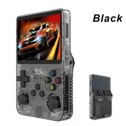 Handheld gaming console with transparent casing displaying a racing game, labeled 'Black'.