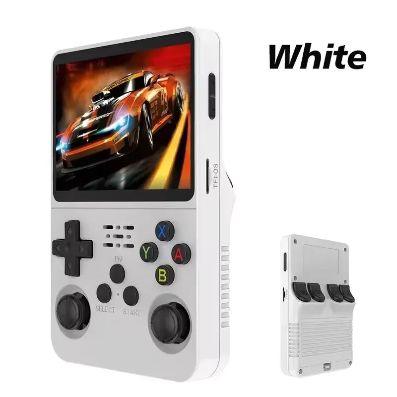 Handheld gaming console with screen displaying a car game, white console on a white background.